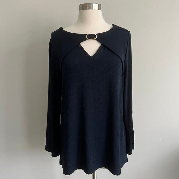 Chico's Travelers Hardware Neck Tunic Split Sleve Navy Blue Chico's 2 Large NWT - Picture 1 of 9